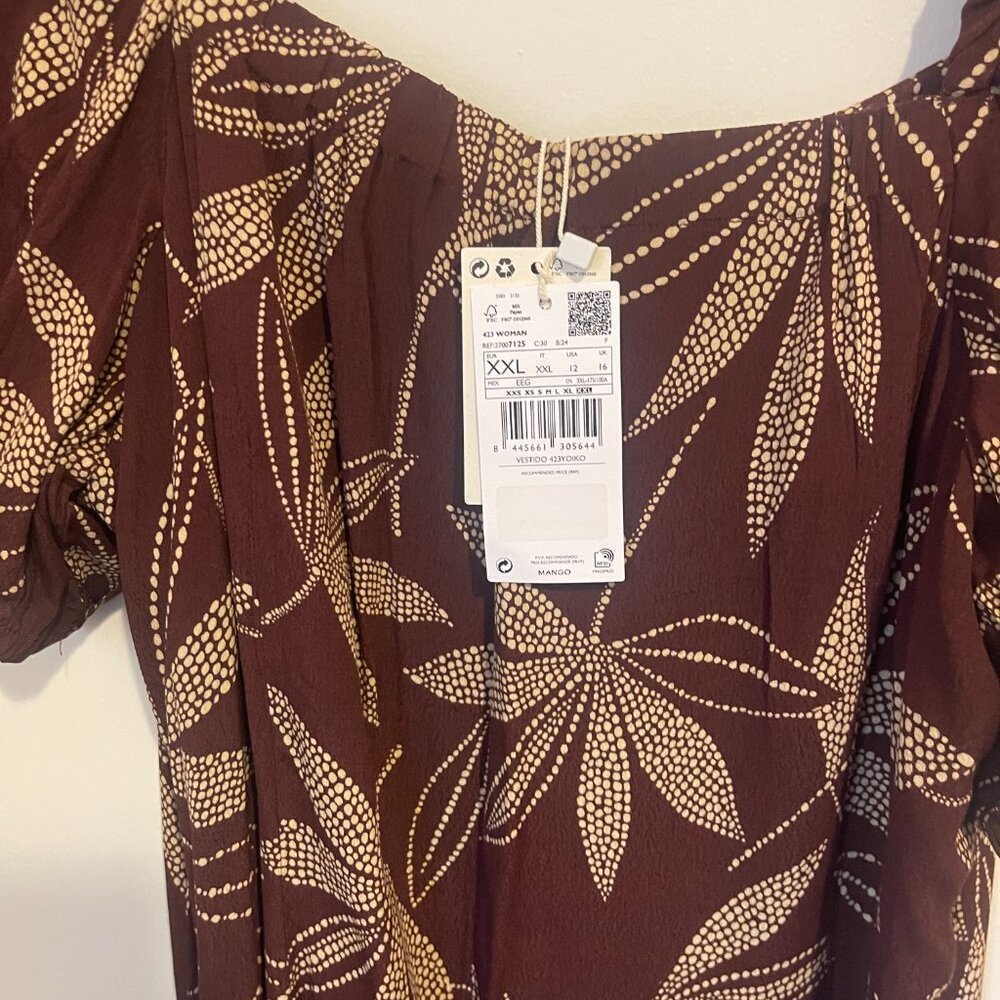 Mango Brown Puff Sleeve Midi Dress with Gold Leaf Print – Size XXL - Picture 3 of 11